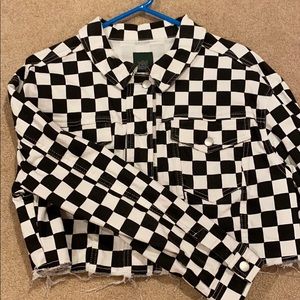 checkered crop denim jacket